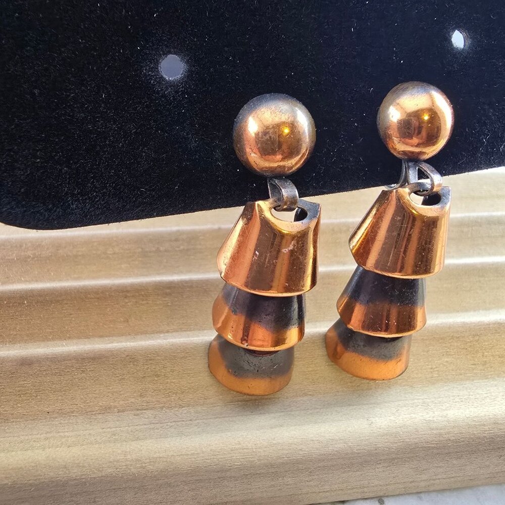 Vintage Copper Dangle Earrings Modernist Geometric Tiered Statement Screw-Back - Picture 3 of 11